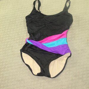 SLIMSUIT Purple Pink Black Stripe Slimming One Piece Underwire Swimsuit size 14